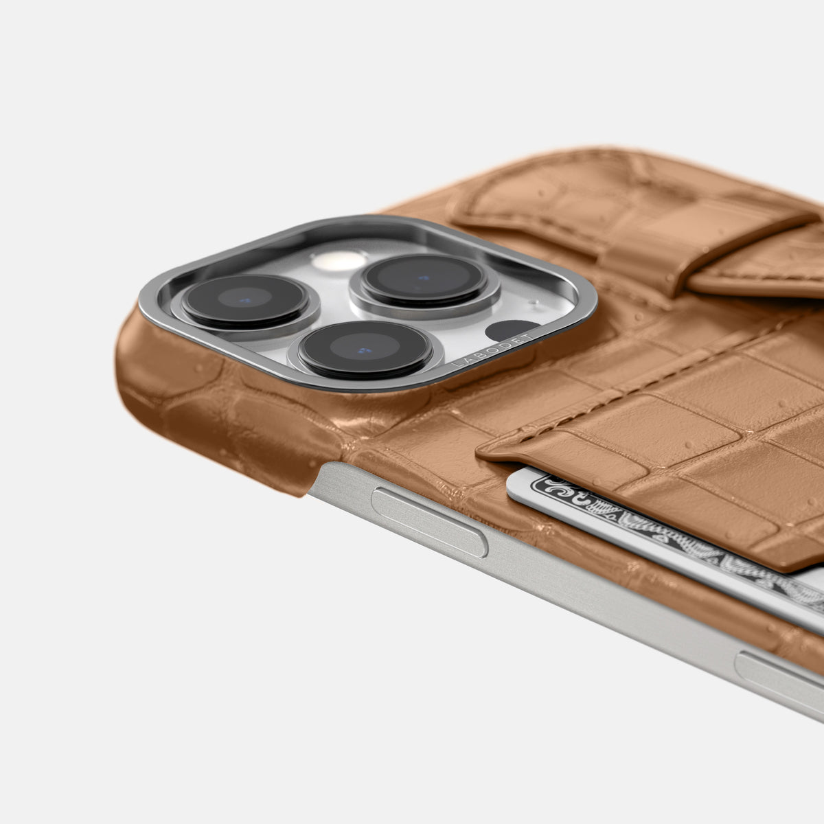 Milk-Chocolate iPhone 16 Pro Cardholder Strap Case Porosus Crocodile with Steel Metal -5 | Milk-Chocolate-Steel