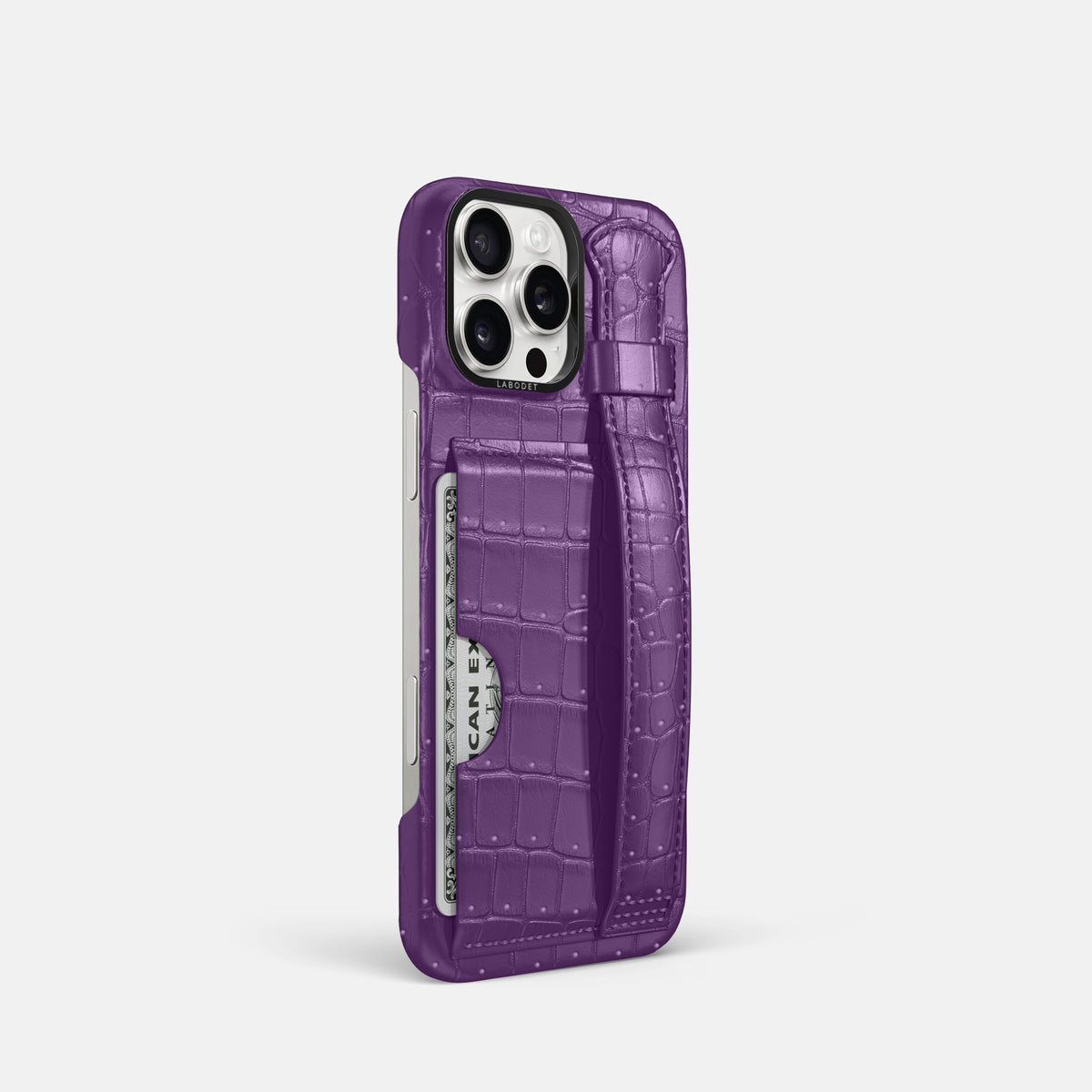 Purple iPhone 16 Pro Cardholder Strap Case Porosus Crocodile with Black Metal -2 | Purple-Black