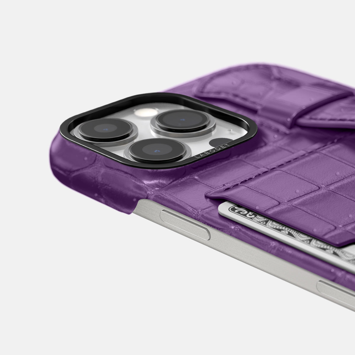 Purple iPhone 16 Pro Cardholder Strap Case Porosus Crocodile with Black Metal -5 | Purple-Black
