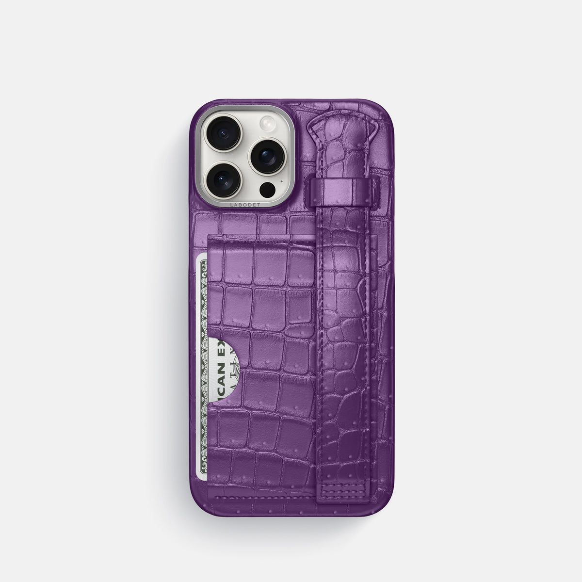 Purple iPhone 16 Pro Cardholder Strap Case Porosus Crocodile with Steel Metal -1 | Purple-Steel