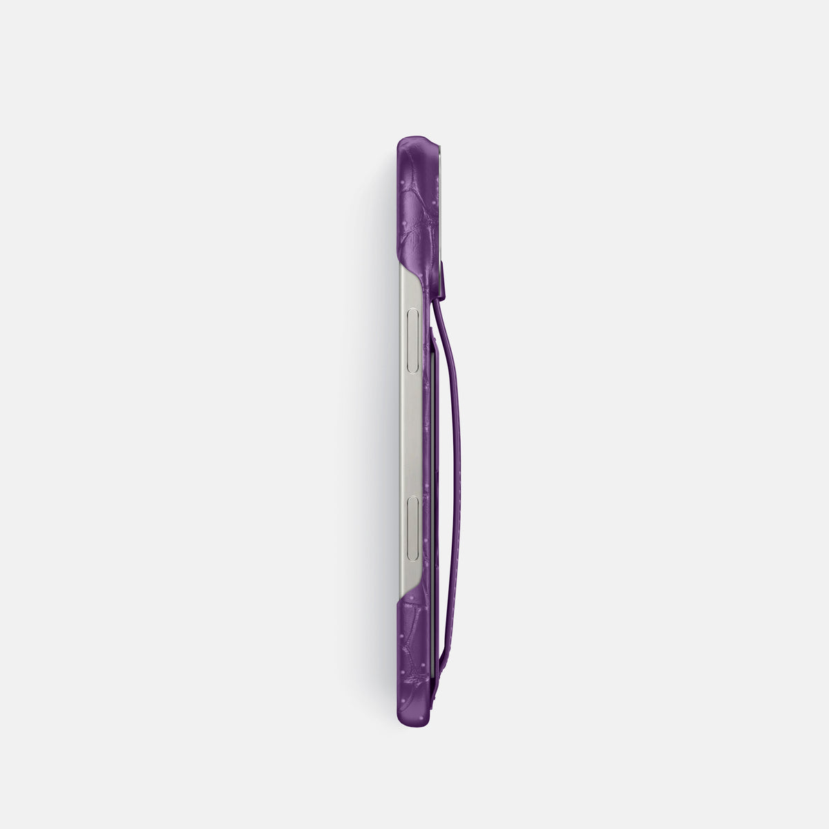 Purple iPhone 16 Pro Cardholder Strap Case Porosus Crocodile with Steel Metal -3 | Purple-Steel
