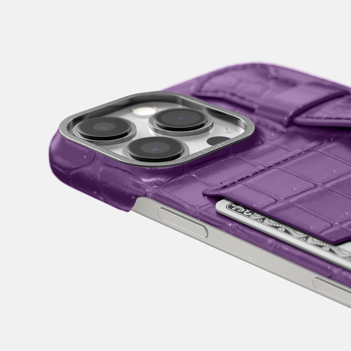 Purple iPhone 16 Pro Cardholder Strap Case Porosus Crocodile with Steel Metal -5 | Purple-Steel