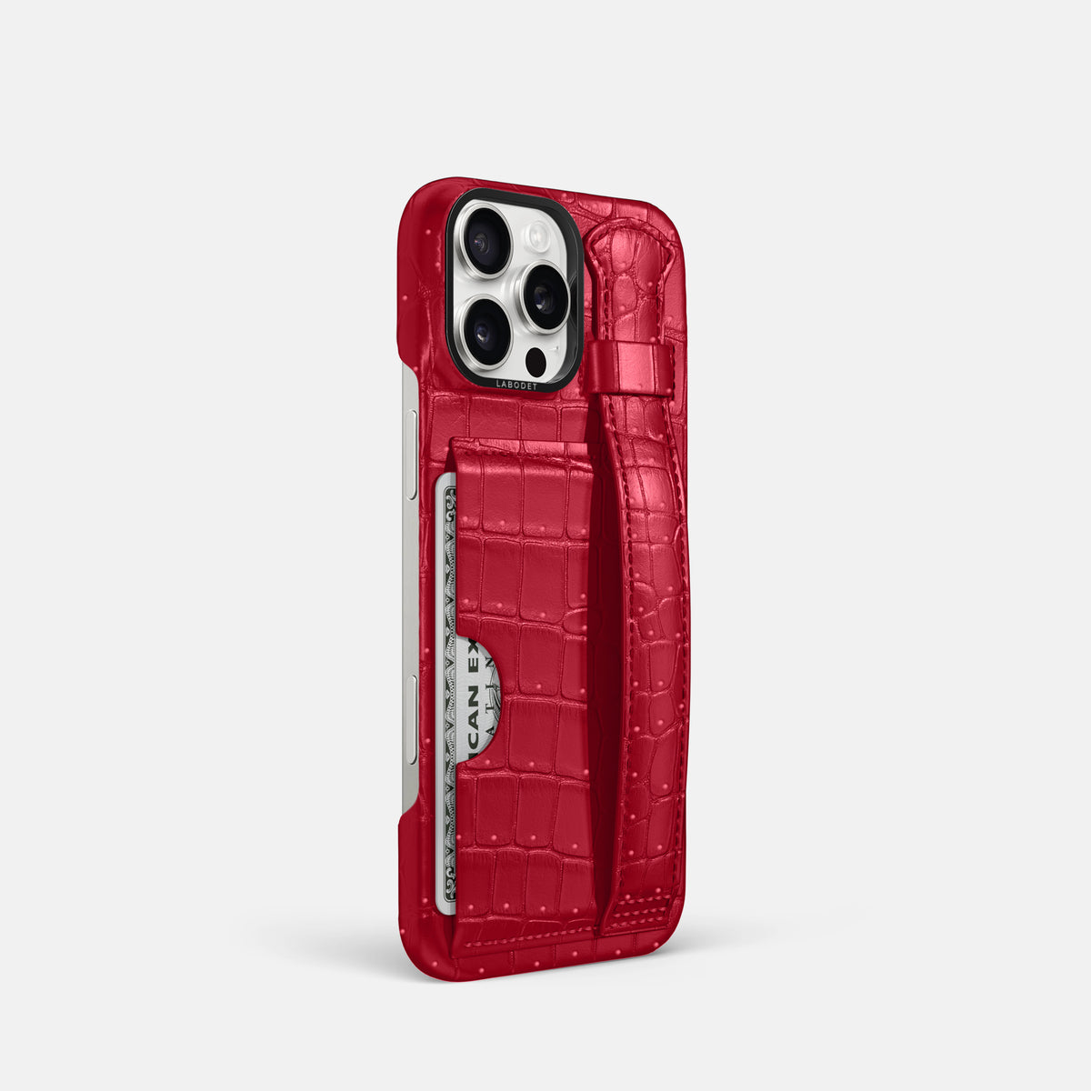 Burgundy iPhone 16 Pro Cardholder Strap Case Porosus Crocodile with Black Metal -2 | Burgundy-Black