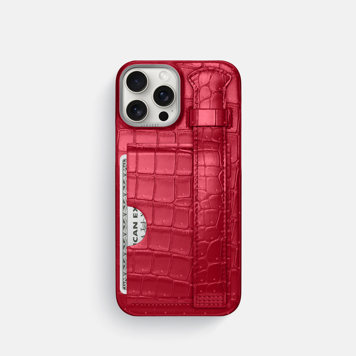 Burgundy iPhone 16 Pro Cardholder Strap Case Porosus Crocodile with Steel Metal -1 | Burgundy-Steel