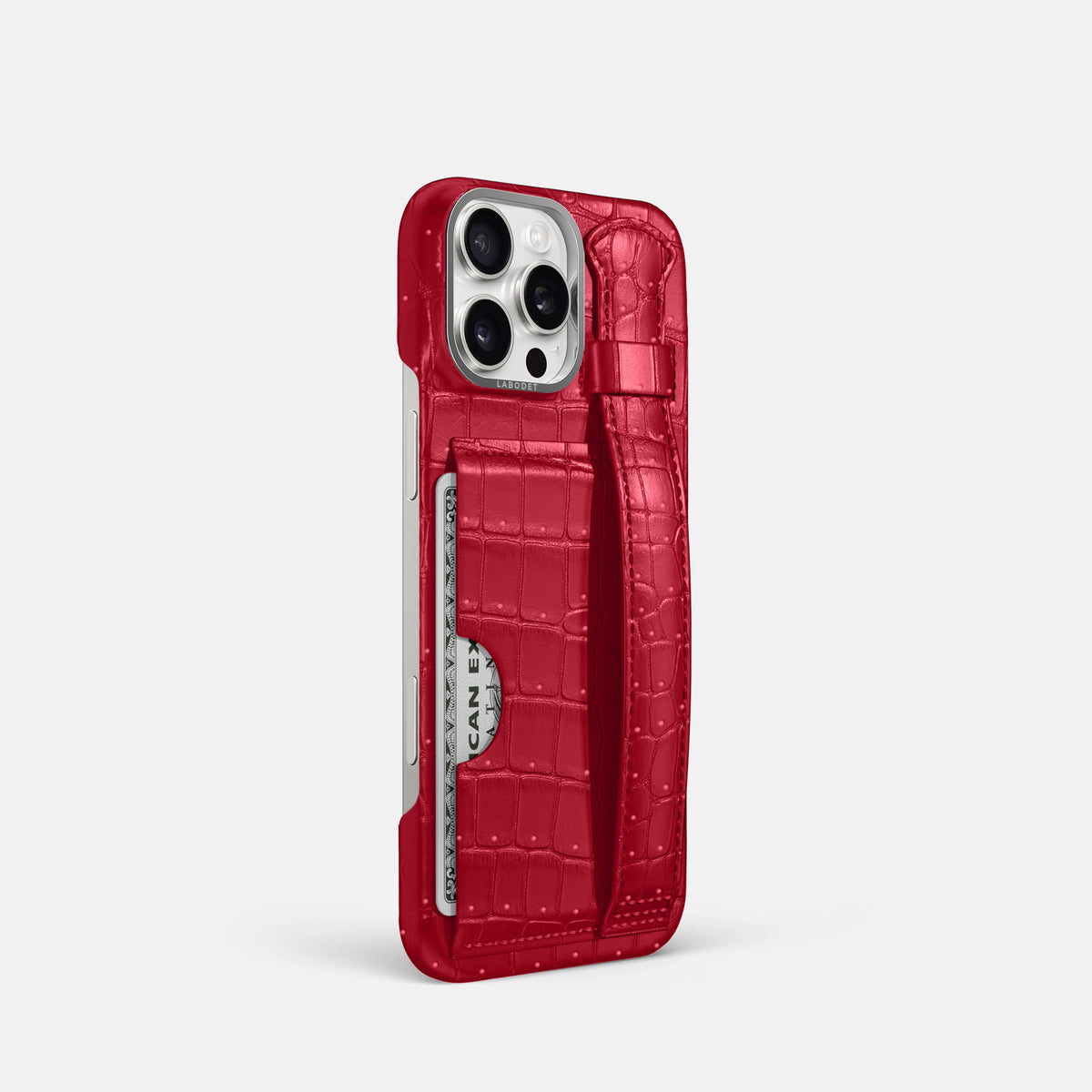 Burgundy iPhone 16 Pro Cardholder Strap Case Porosus Crocodile with Steel Metal -2 | Burgundy-Steel