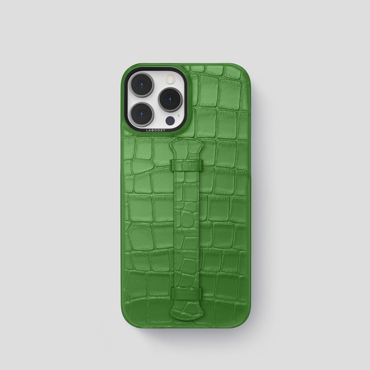 Apple-Green iPhone 15 Pro Centre Handle Case In Alligator with Black Metal -1 | Apple-Green-Black