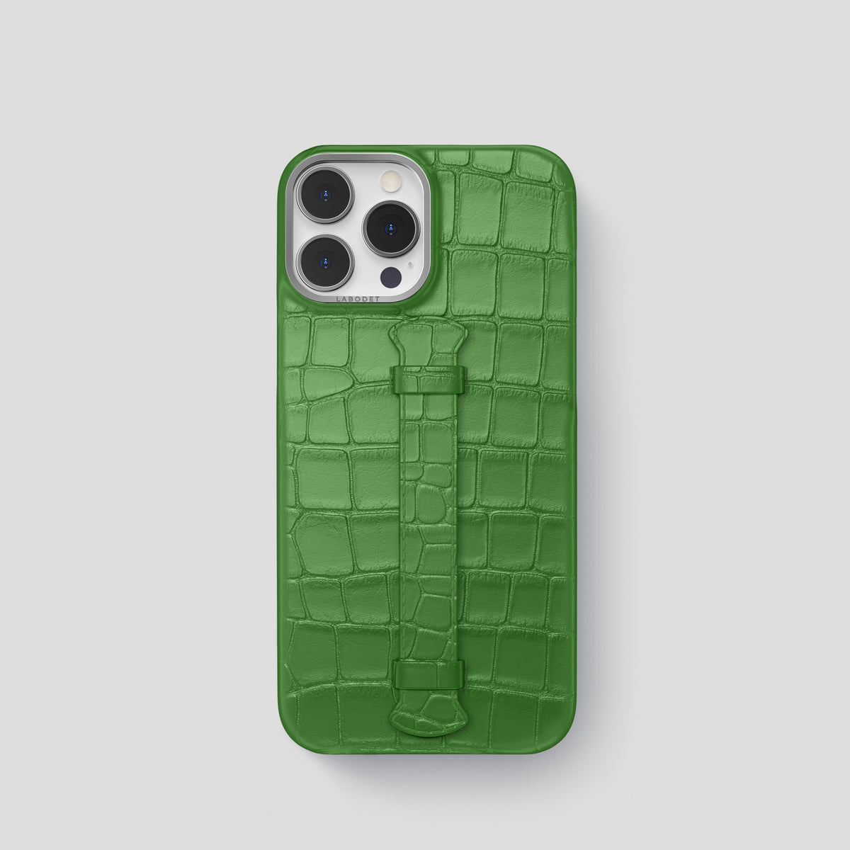Apple-Green iPhone 15 Pro Centre Handle Case In Alligator with Steel Metal -1 | Apple-Green-Steel