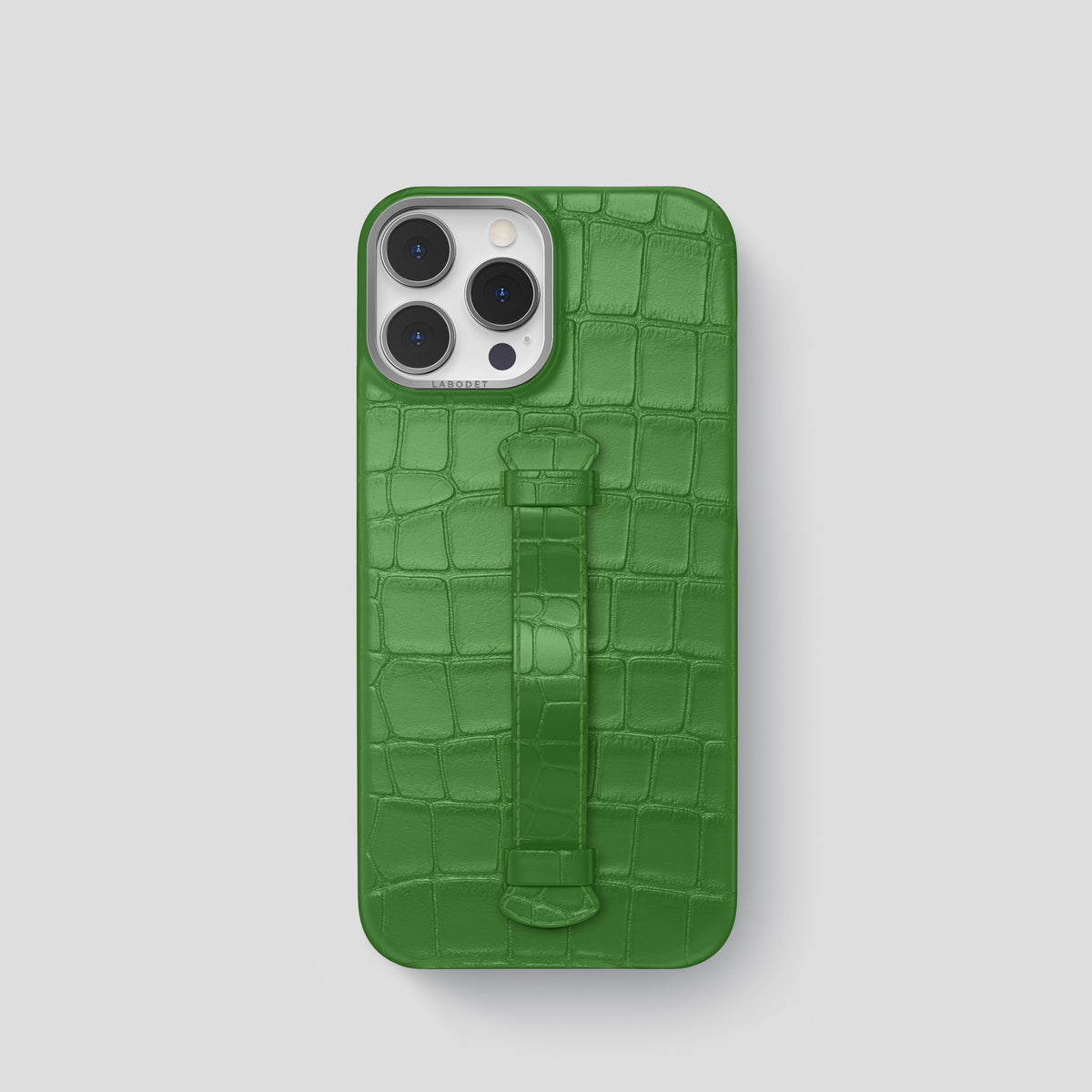 Apple-Green iPhone 15 Pro Centre Handle Case In Alligator with Steel Metal -2 | Apple-Green-Steel