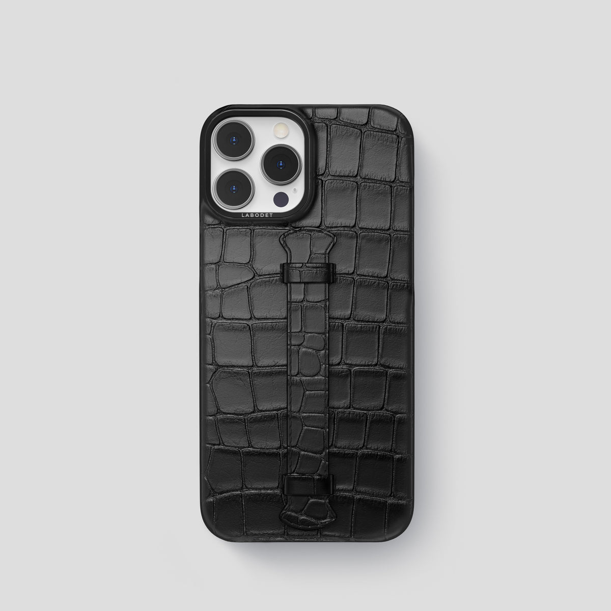 Black iPhone 15 Pro Centre Handle Case In Alligator with Black Metal -1 | Black-Black