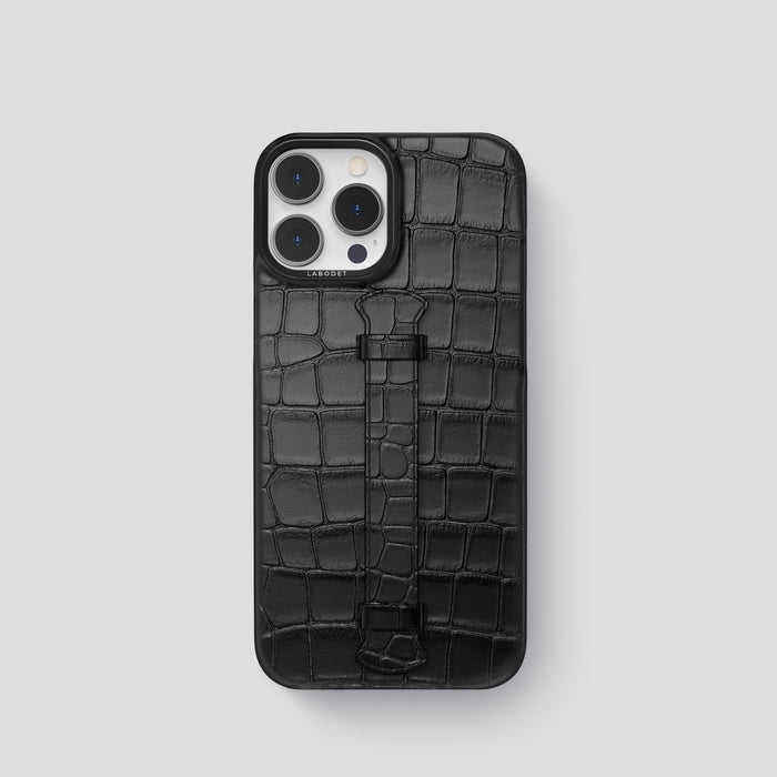 Black iPhone 15 Pro Centre Handle Case In Alligator with Black Metal -1 | Black-Black