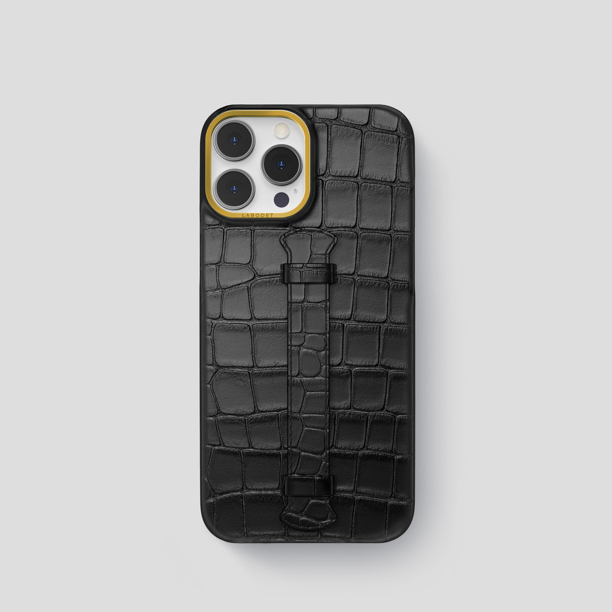 Black iPhone 15 Pro Centre Handle Case In Alligator with Gold Metal -1 | Black-Gold