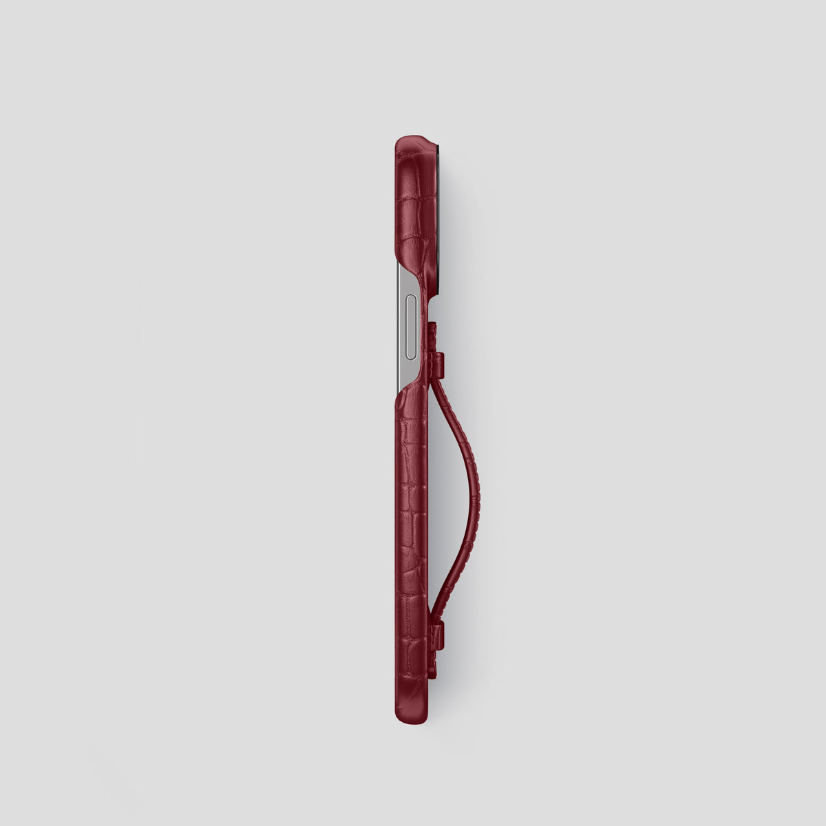 Burgundy iPhone 15 Pro Centre Handle Case In Alligator with Black Metal -3 | Burgundy-Black