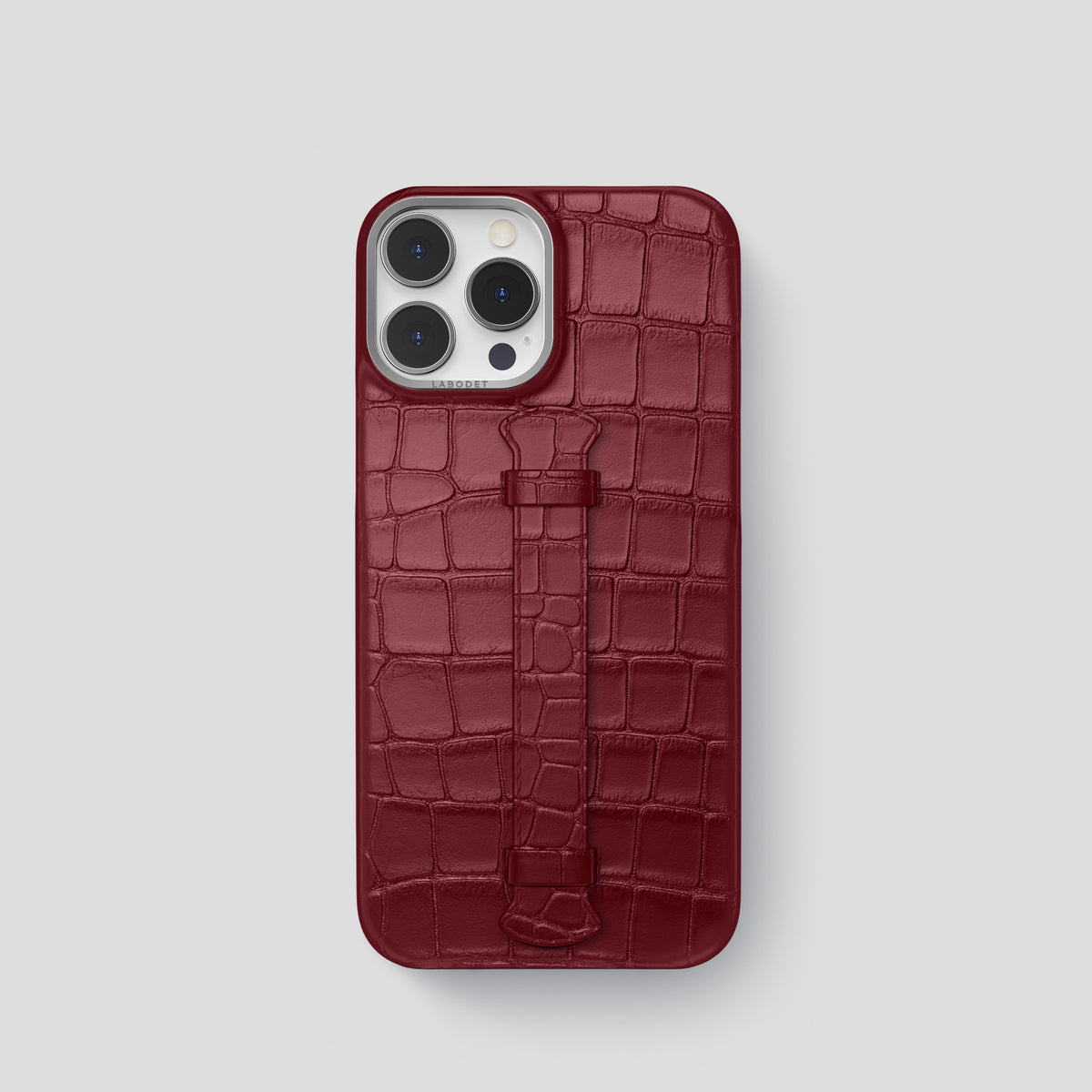 Burgundy iPhone 15 Pro Centre Handle Case In Alligator with Steel Metal -1 | Burgundy-Steel