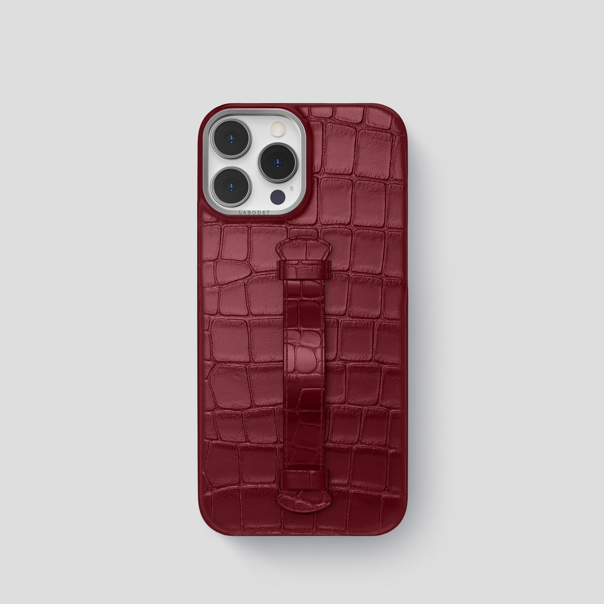 Burgundy iPhone 15 Pro Centre Handle Case In Alligator with Steel Metal -2 | Burgundy-Steel