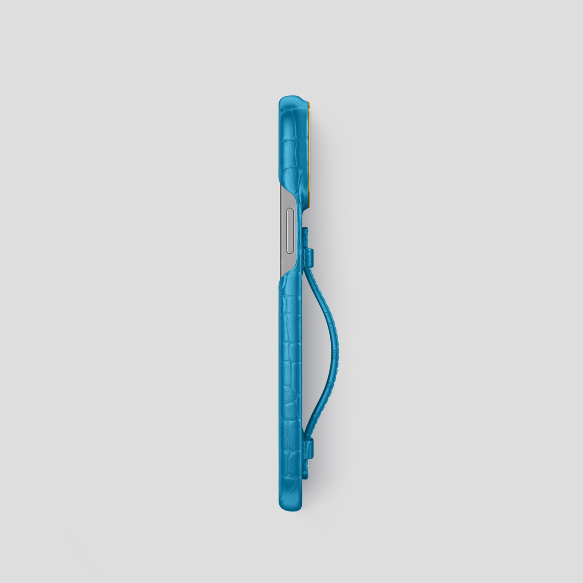 Curaçao-Blue iPhone 15 Pro Centre Handle Case In Alligator with Gold Metal -3 | Curaçao-Blue-Gold