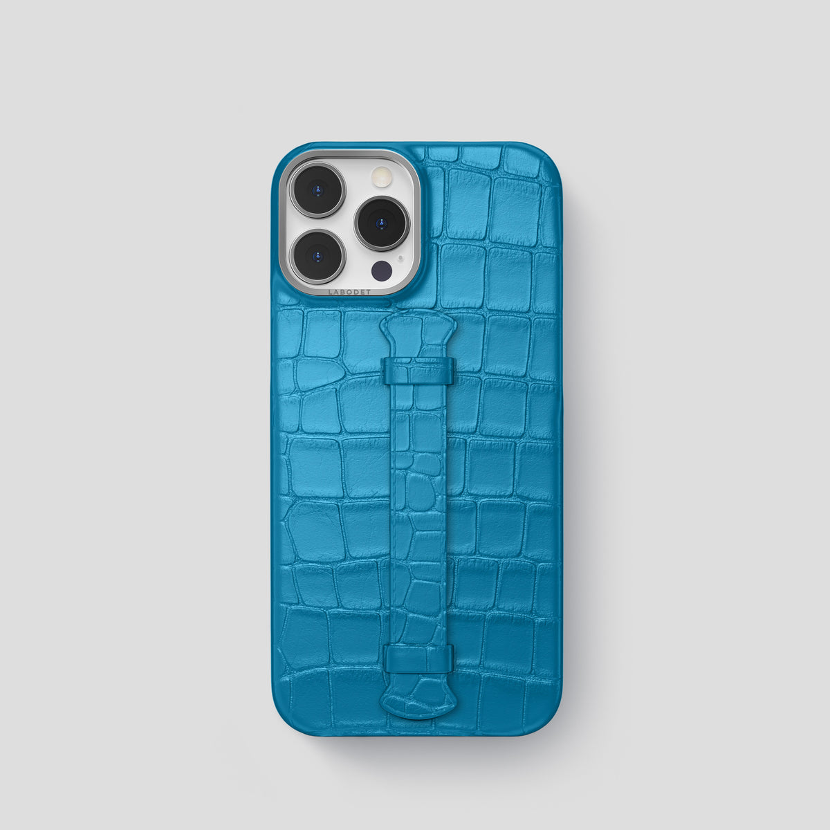 Curaçao-Blue iPhone 15 Pro Centre Handle Case In Alligator with Steel Metal -1 | Curaçao-Blue-Steel