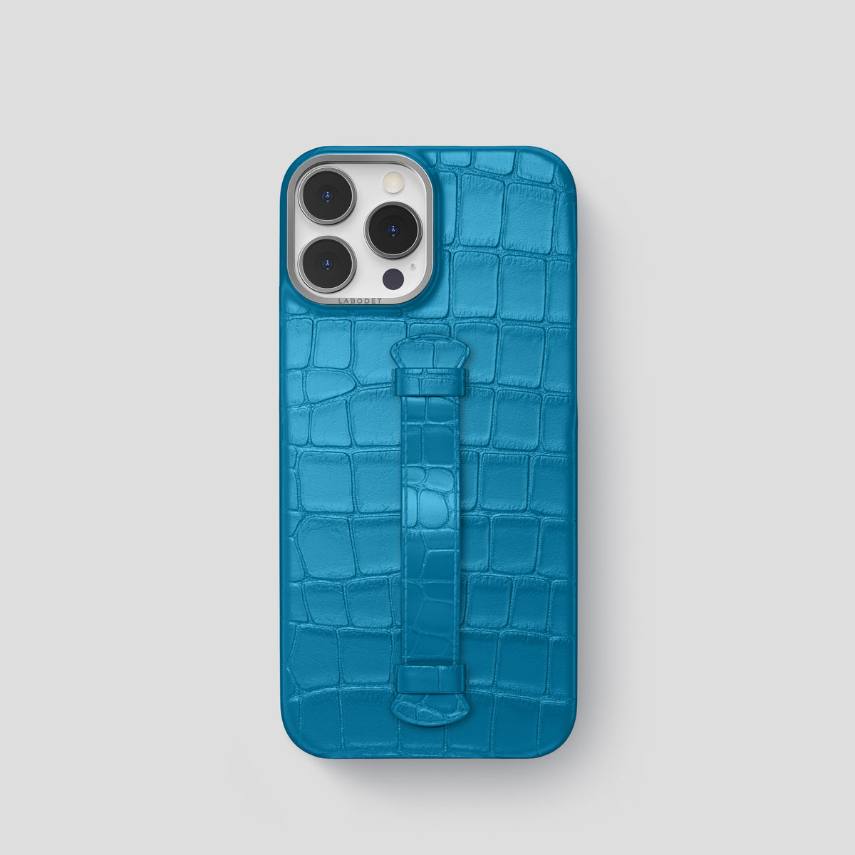 Curaçao-Blue iPhone 15 Pro Centre Handle Case In Alligator with Steel Metal -2 | Curaçao-Blue-Steel