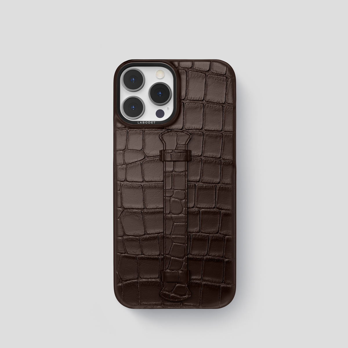 Dark-Brown iPhone 15 Pro Centre Handle Case In Alligator with Black Metal -1 | Dark-Brown-Black