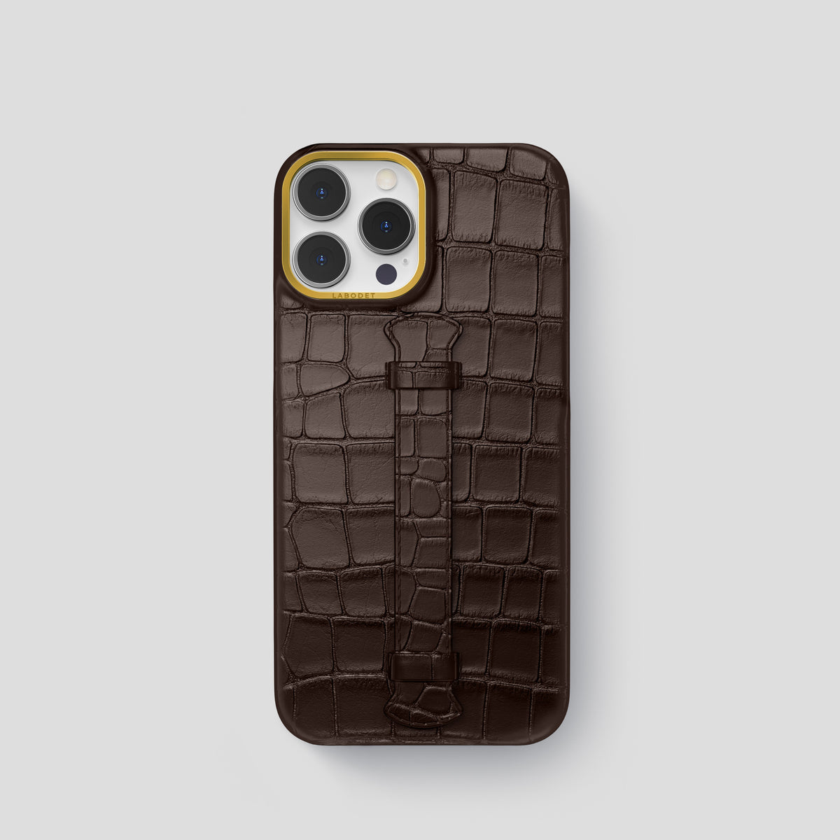 Dark-Brown iPhone 15 Pro Centre Handle Case In Alligator with Gold Metal -1 | Dark-Brown-Gold