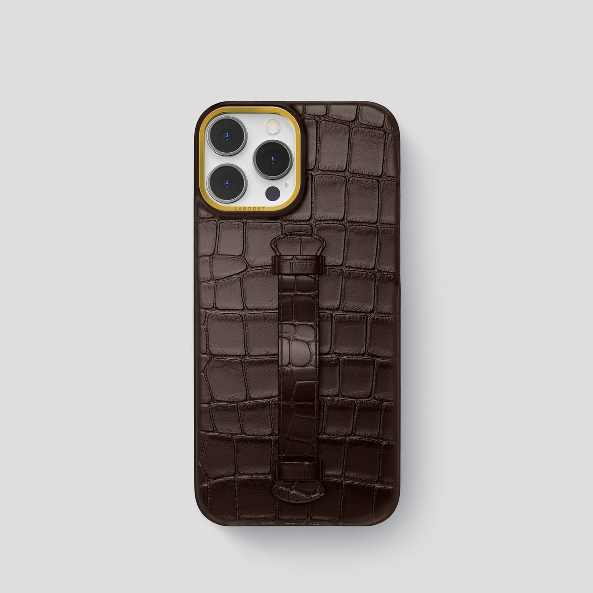 Dark-Brown iPhone 15 Pro Centre Handle Case In Alligator with Gold Metal -2 | Dark-Brown-Gold