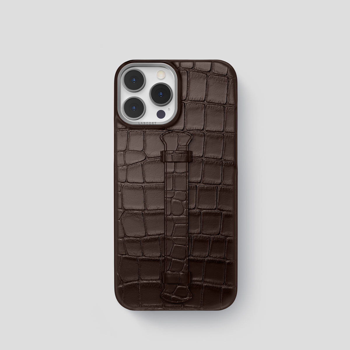 Dark-Brown iPhone 15 Pro Centre Handle Case In Alligator with Steel Metal -1 | Dark-Brown-Steel