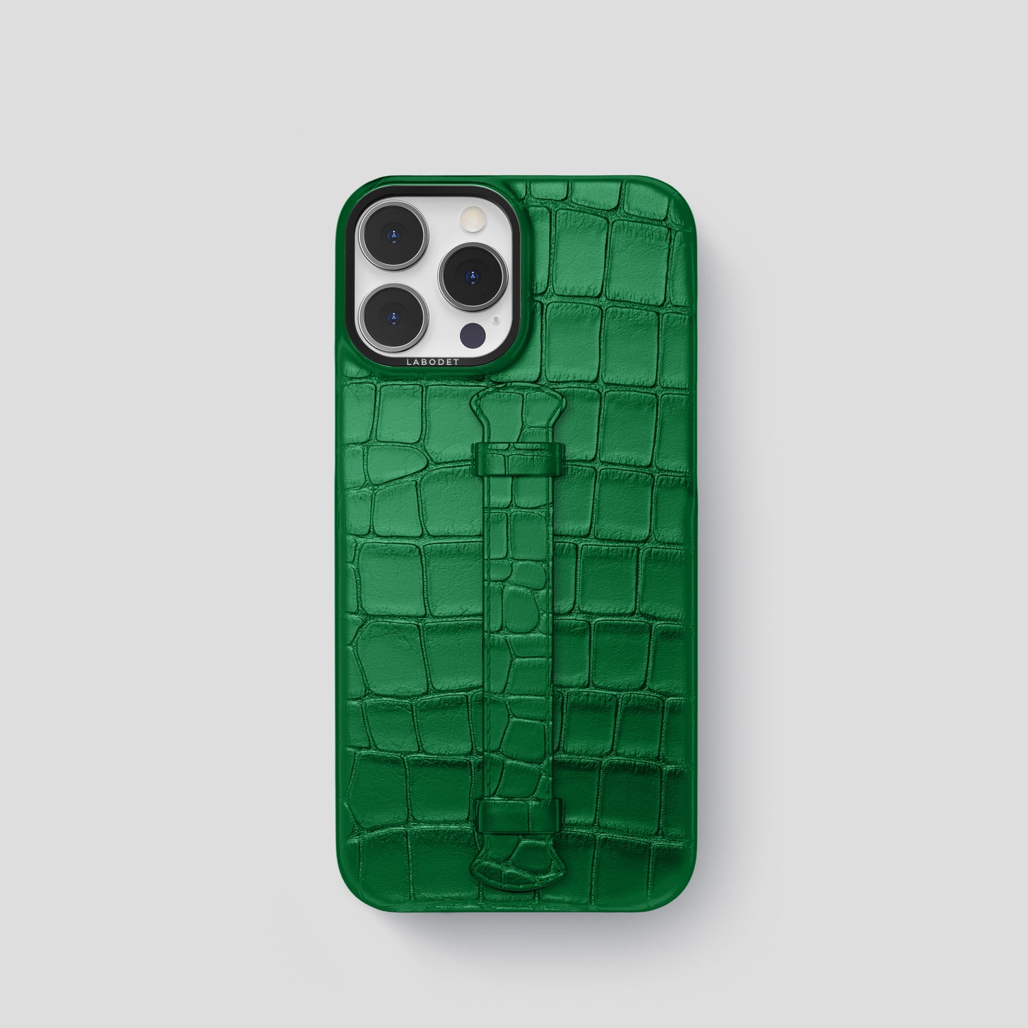 Forest-Green iPhone 15 Pro Centre Handle Case In Alligator with Black Metal -1 | Forest-Green-Black