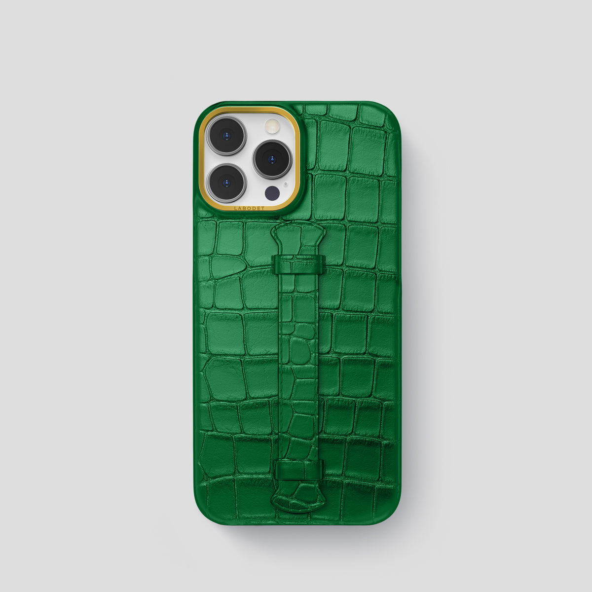 Forest-Green iPhone 15 Pro Centre Handle Case In Alligator with Gold Metal -1 | Forest-Green-Gold