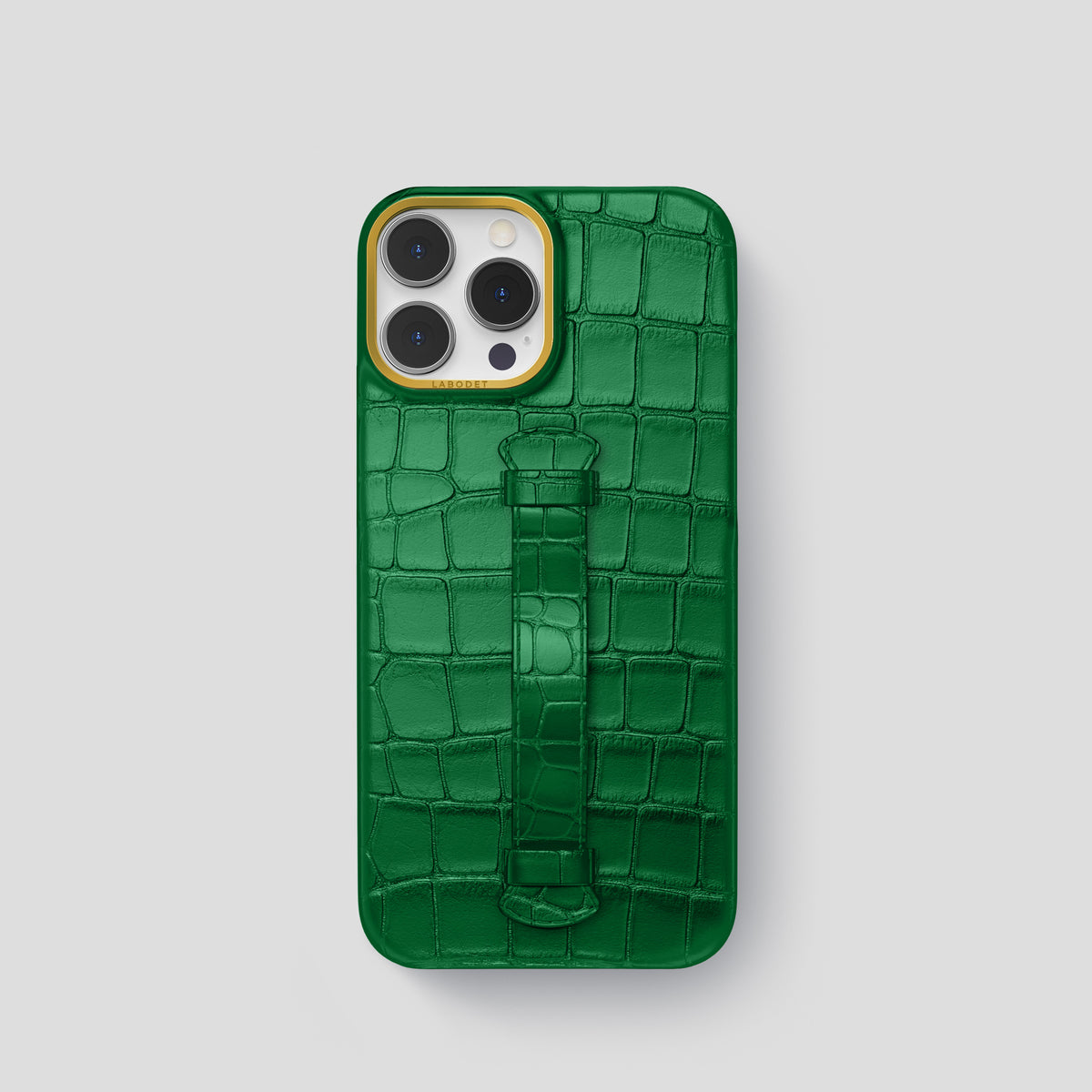 Forest-Green iPhone 15 Pro Centre Handle Case In Alligator with Gold Metal -2 | Forest-Green-Gold