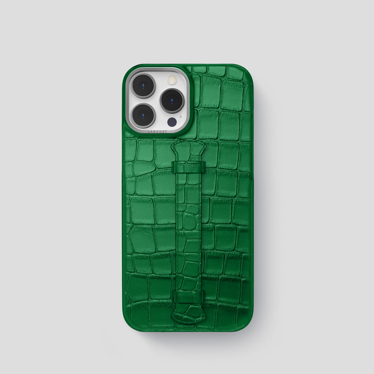 Forest-Green iPhone 15 Pro Centre Handle Case In Alligator with Steel Metal -1 | Forest-Green-Steel