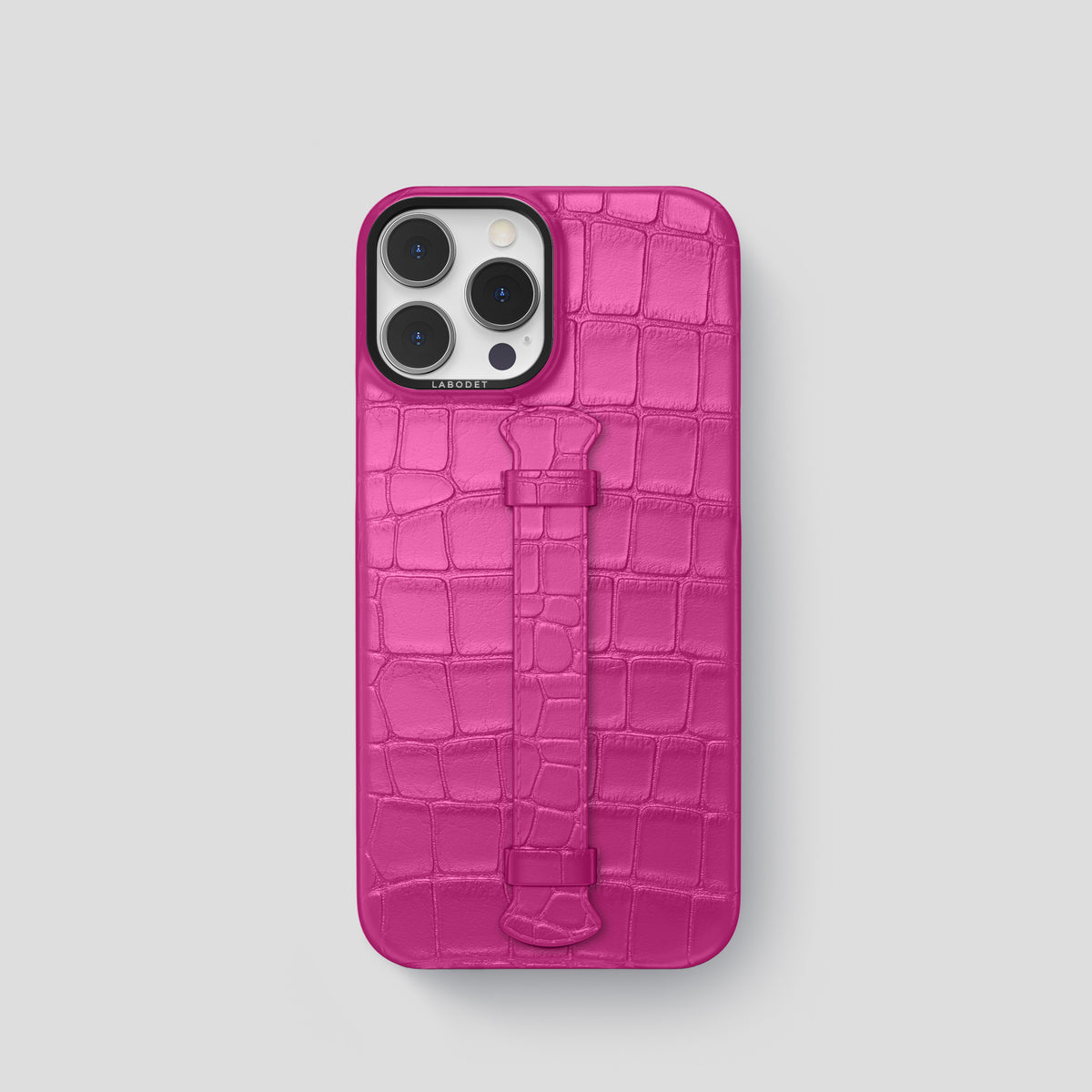 Fuchsia iPhone 15 Pro Centre Handle Case In Alligator with Black Metal -1 | Fuchsia-Black