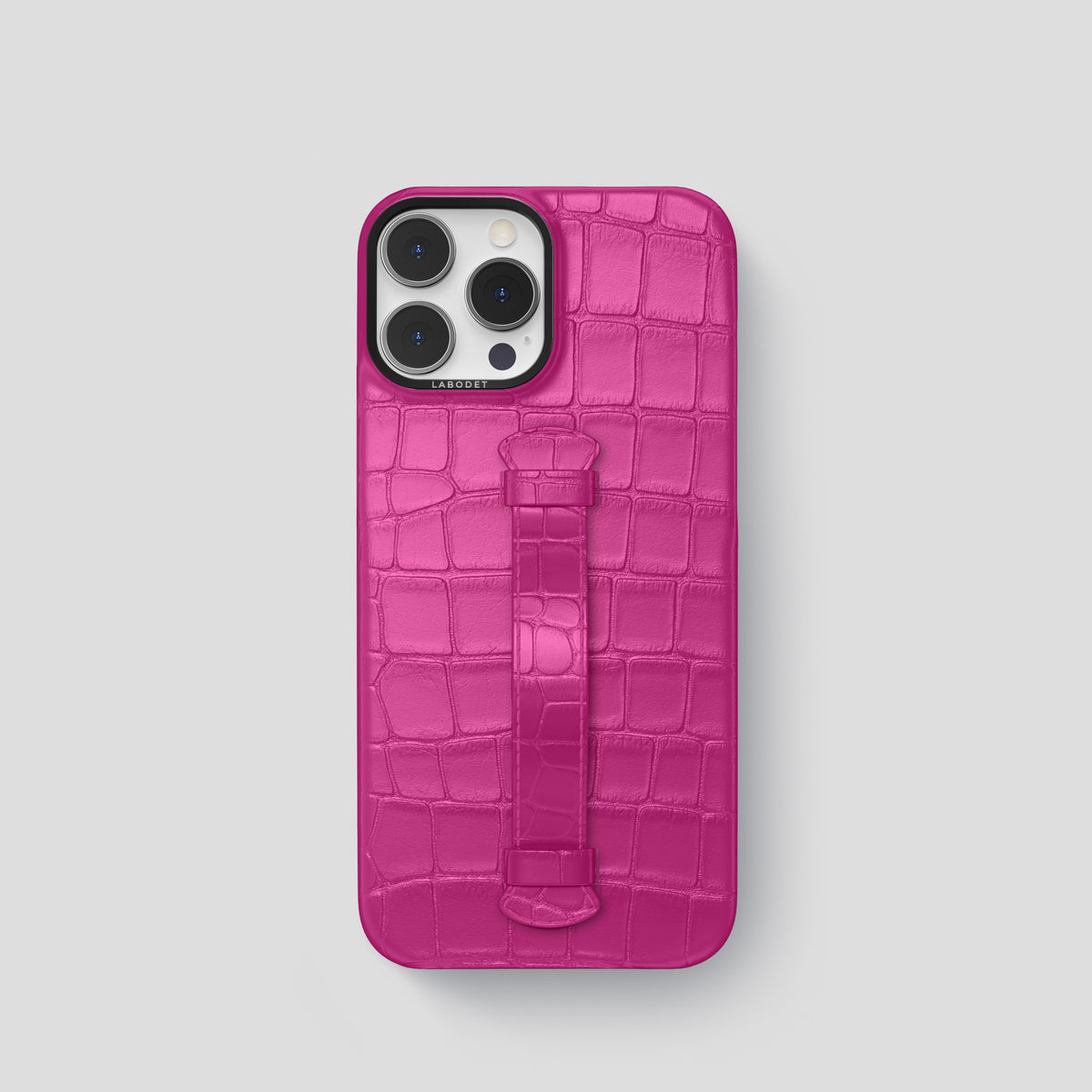 Fuchsia iPhone 15 Pro Centre Handle Case In Alligator with Black Metal -2 | Fuchsia-Black
