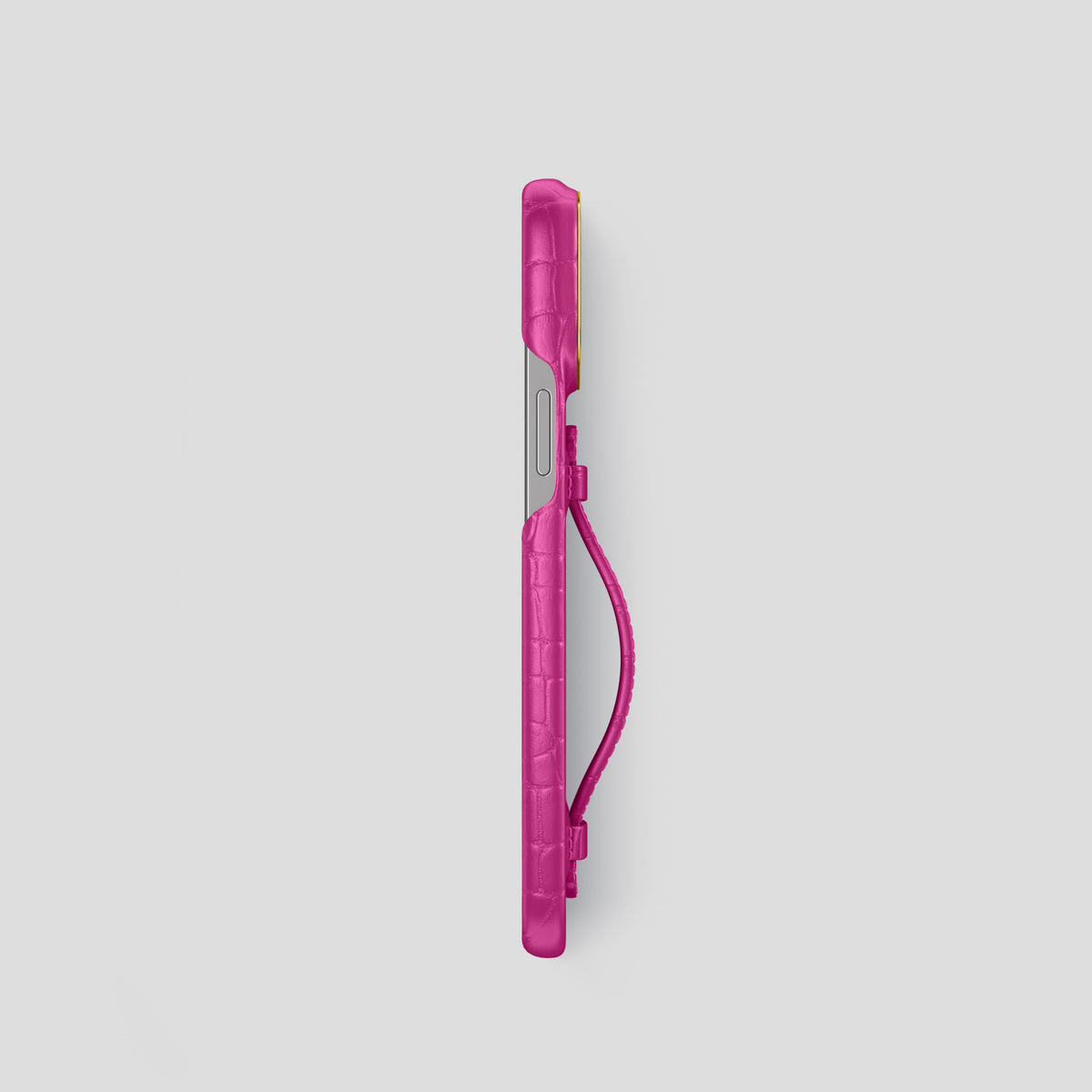 Fuchsia iPhone 15 Pro Centre Handle Case In Alligator with Gold Metal -3 | Fuchsia-Gold