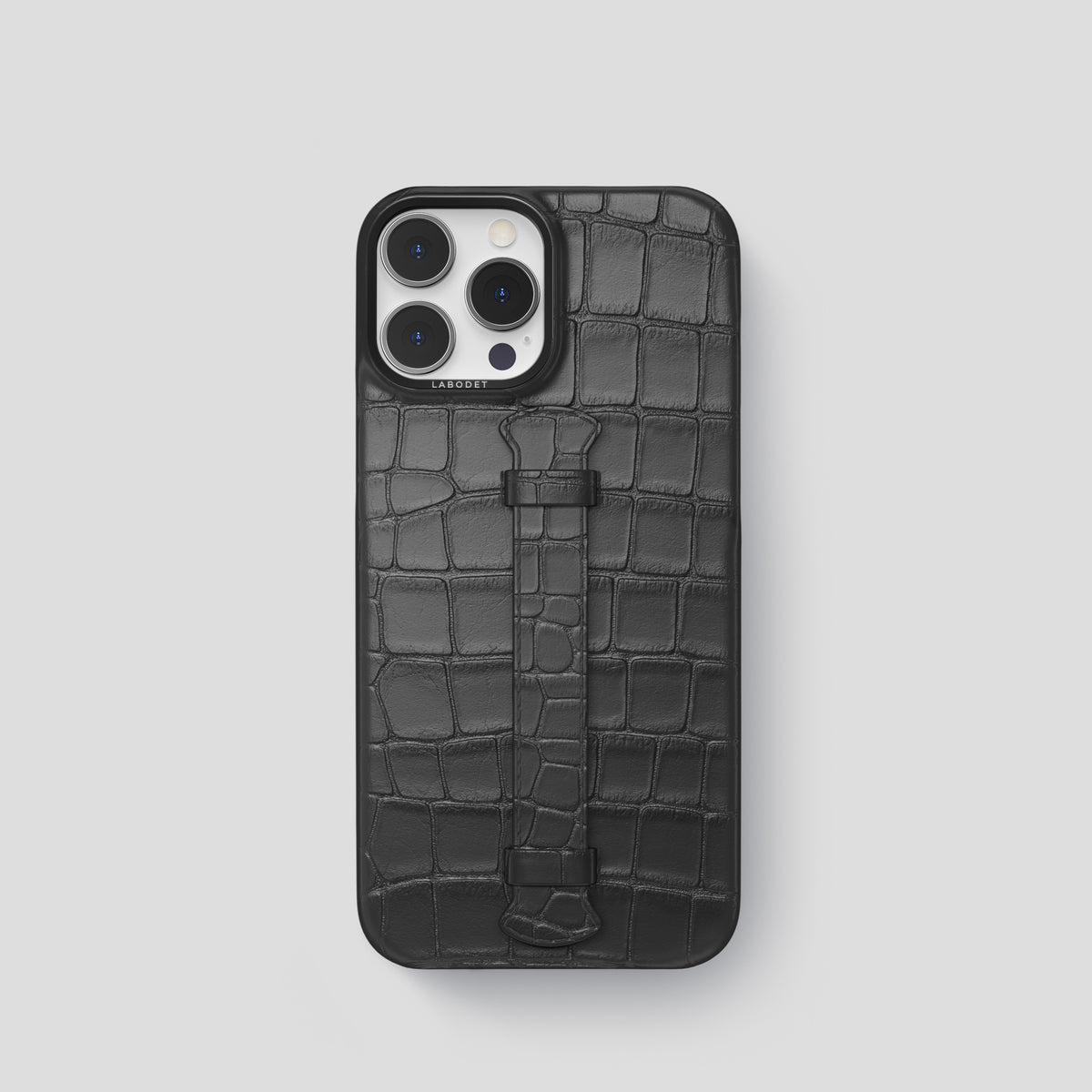 Grey iPhone 15 Pro Centre Handle Case In Alligator with Black Metal -1 | Grey-Black