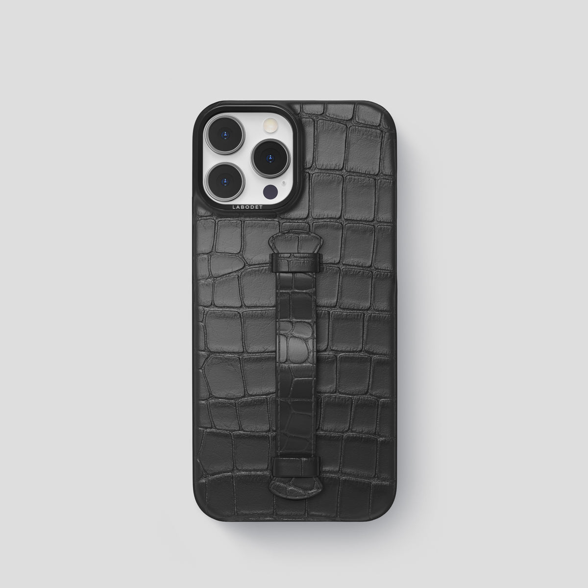 Grey iPhone 15 Pro Centre Handle Case In Alligator with Black Metal -2 | Grey-Black