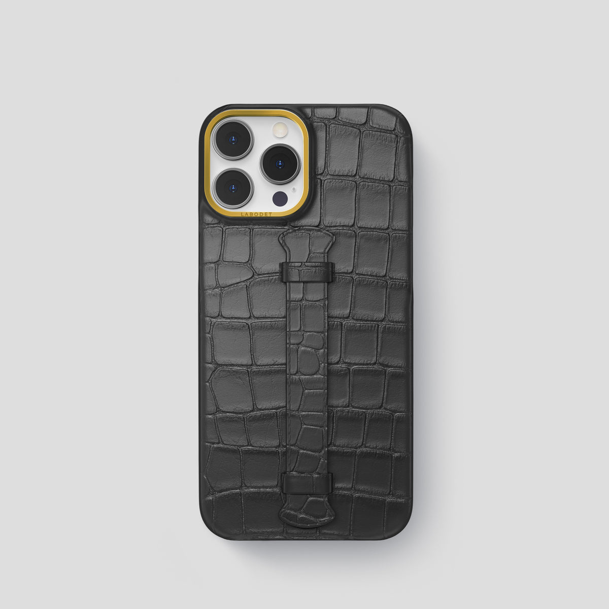 Grey iPhone 15 Pro Centre Handle Case In Alligator with Gold Metal -1 | Grey-Gold