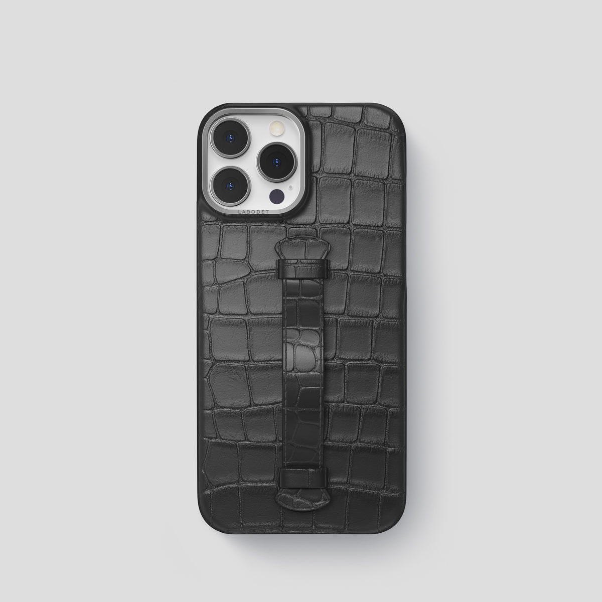 Grey iPhone 15 Pro Centre Handle Case In Alligator with Steel Metal -2 | Grey-Steel