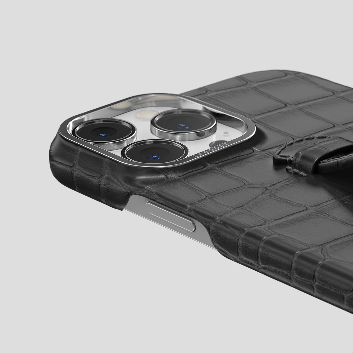 Grey iPhone 15 Pro Centre Handle Case In Alligator with Steel Metal -5 | Grey-Steel