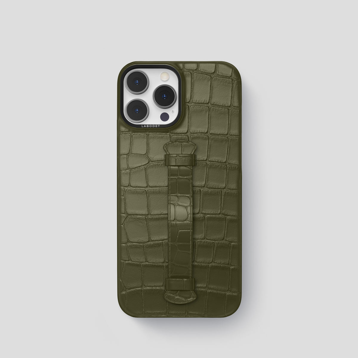 Kaki-Green iPhone 15 Pro Centre Handle Case In Alligator with Black Metal -2 | Kaki-Green-Black