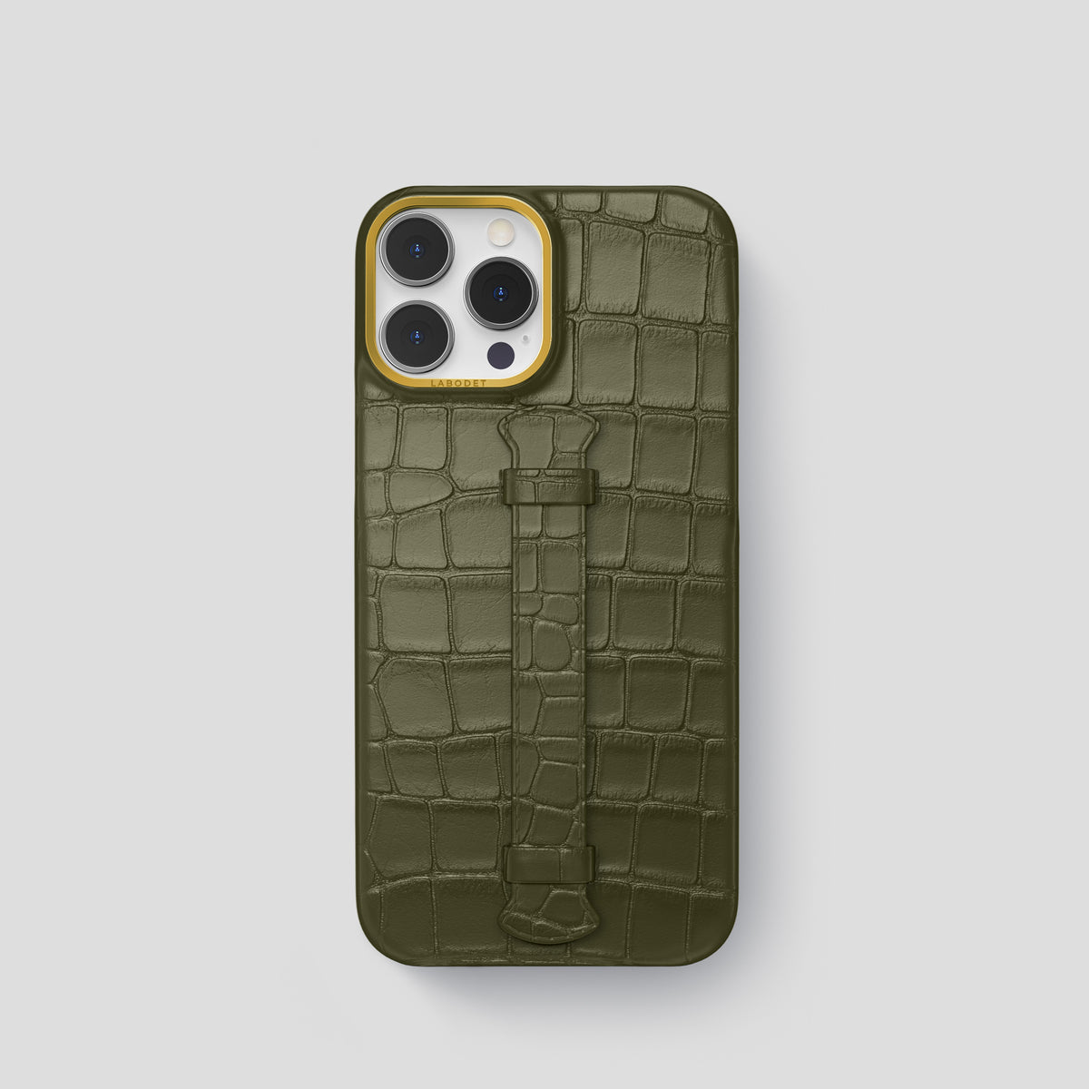 Kaki-Green iPhone 15 Pro Centre Handle Case In Alligator with Gold Metal -1 | Kaki-Green-Gold