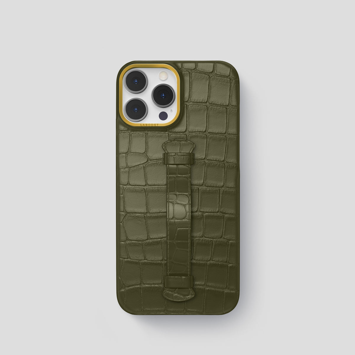 Kaki-Green iPhone 15 Pro Centre Handle Case In Alligator with Gold Metal -2 | Kaki-Green-Gold