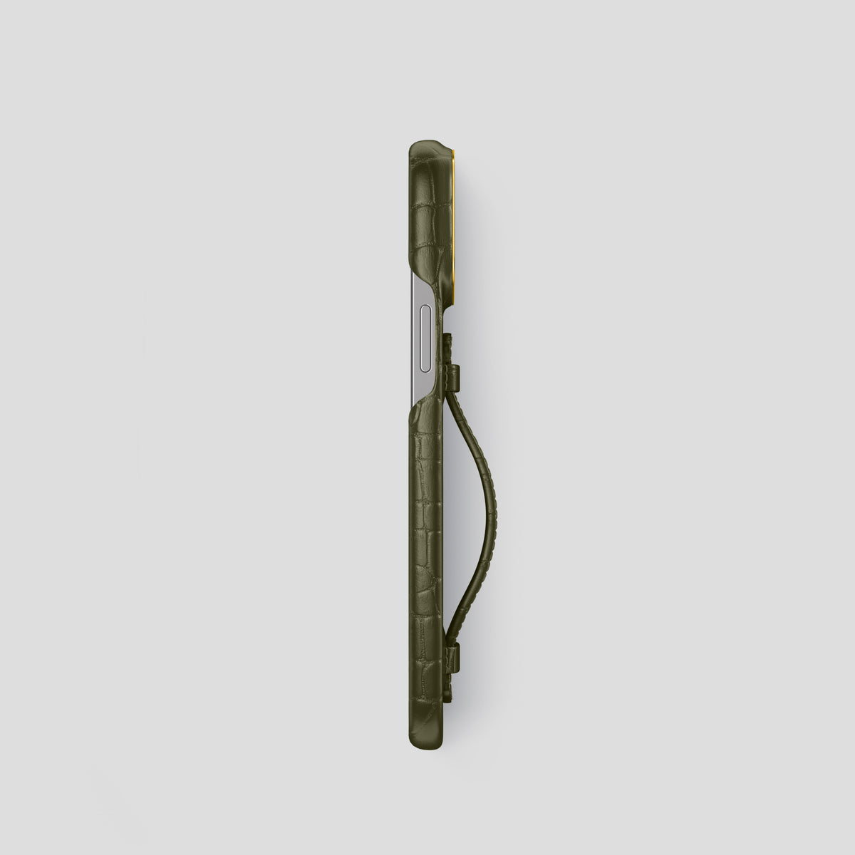 Kaki-Green iPhone 15 Pro Centre Handle Case In Alligator with Gold Metal -3 | Kaki-Green-Gold