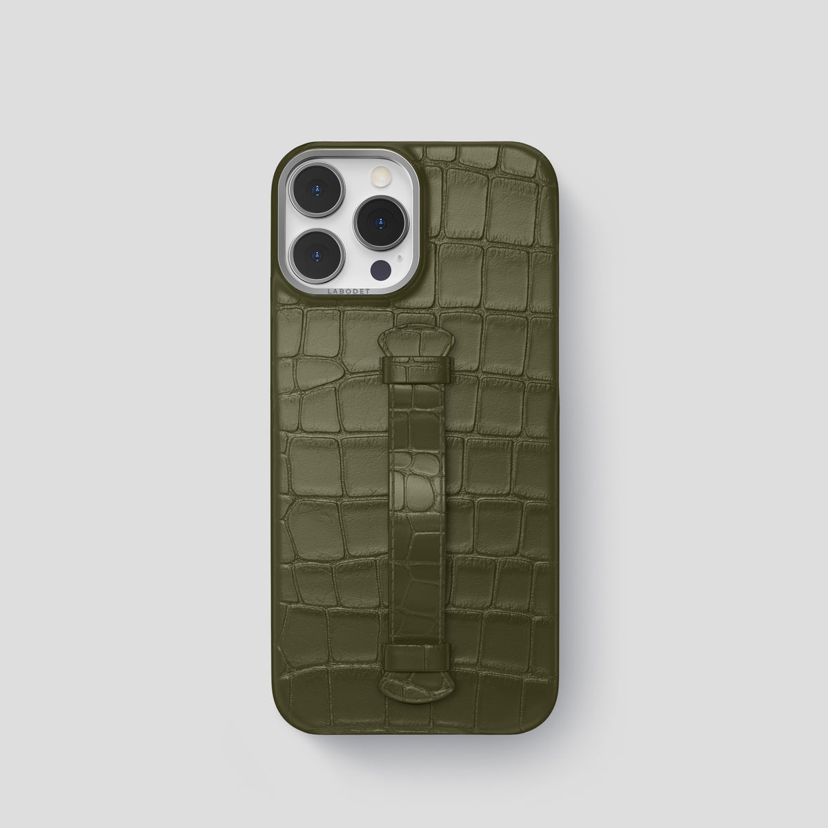 Kaki-Green iPhone 15 Pro Centre Handle Case In Alligator with Steel Metal -2 | Kaki-Green-Steel