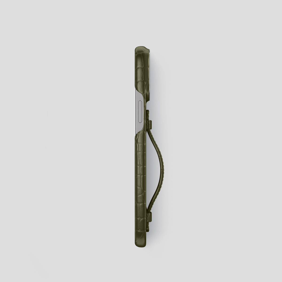 Kaki-Green iPhone 15 Pro Centre Handle Case In Alligator with Steel Metal -3 | Kaki-Green-Steel