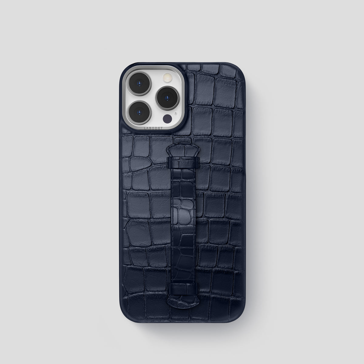 Navy Blue iPhone 15 Pro Centre Handle Case In Alligator with Steel Metal -2 | Navy-Blue-Steel