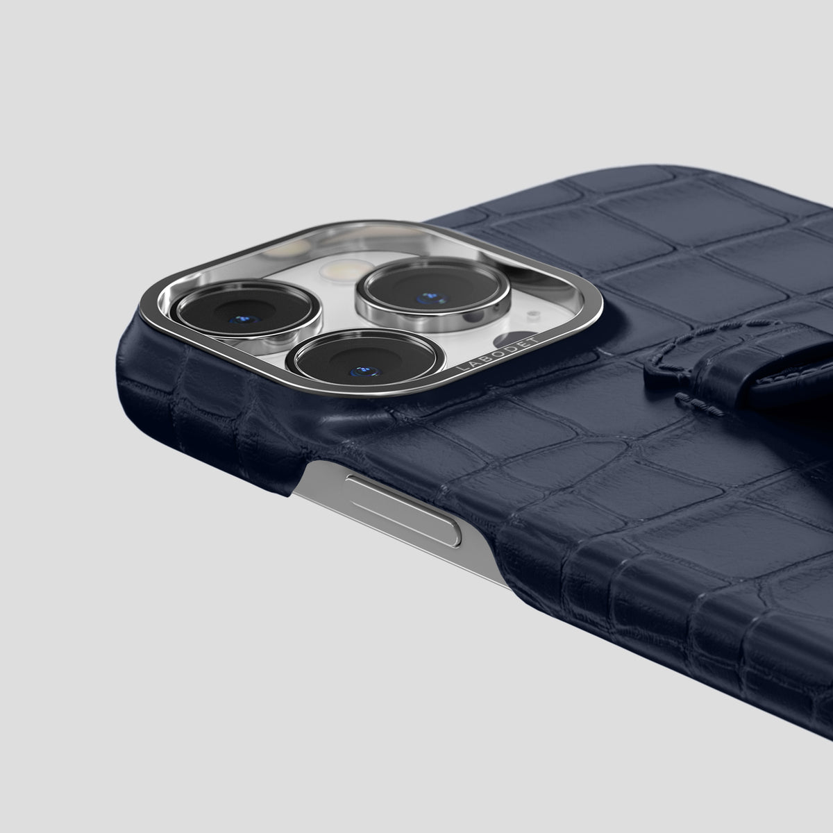 Navy Blue iPhone 15 Pro Centre Handle Case In Alligator with Steel Metal -5 | Navy-Blue-Steel