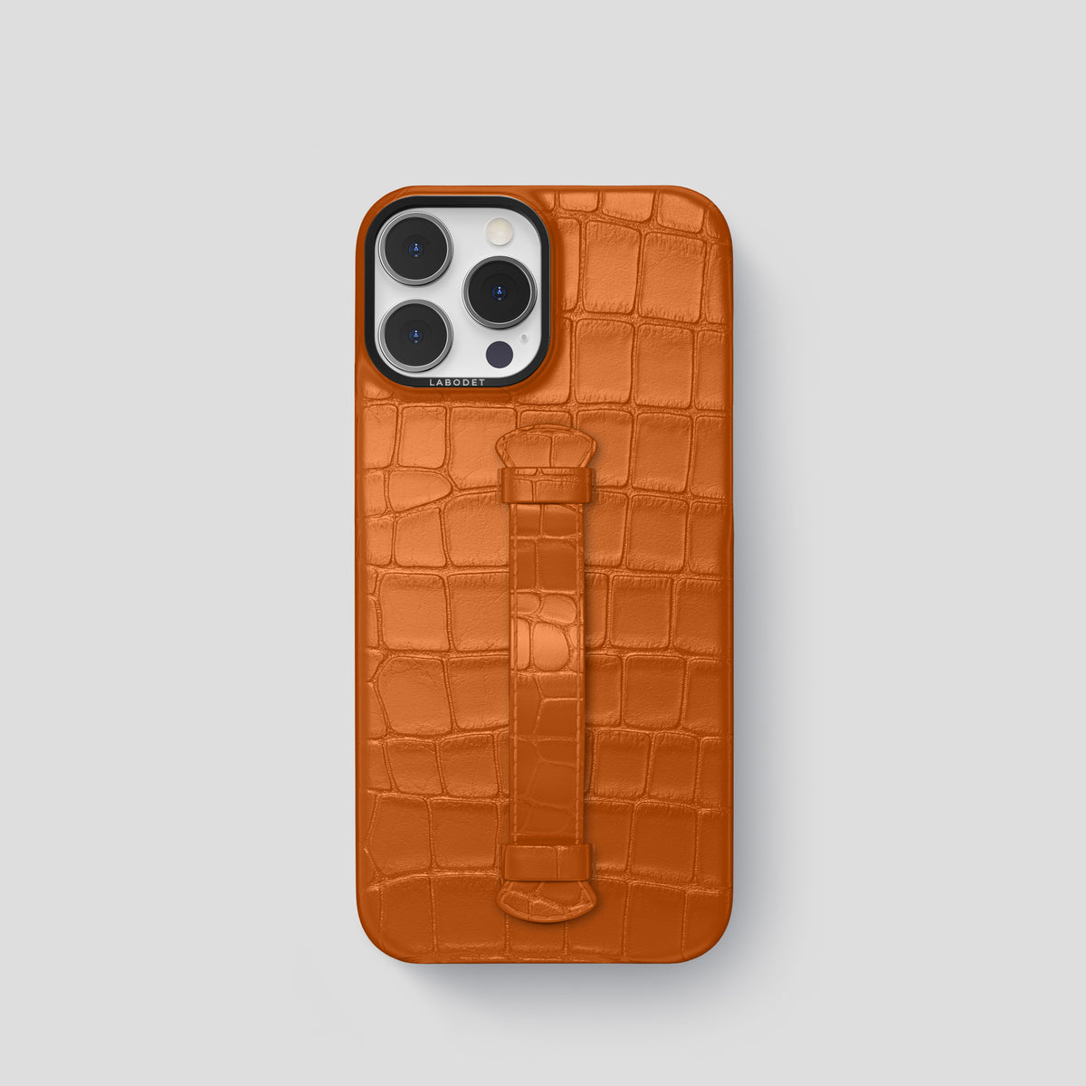 Orange iPhone 15 Pro Centre Handle Case In Alligator with Black Metal -2 | Orange-Black