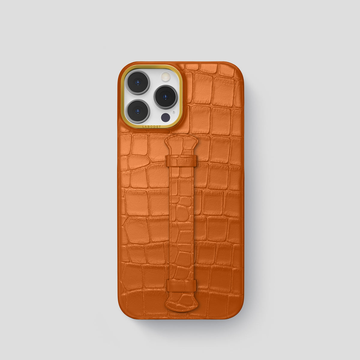 Orange iPhone 15 Pro Centre Handle Case In Alligator with Gold Metal -1 | Orange-Gold