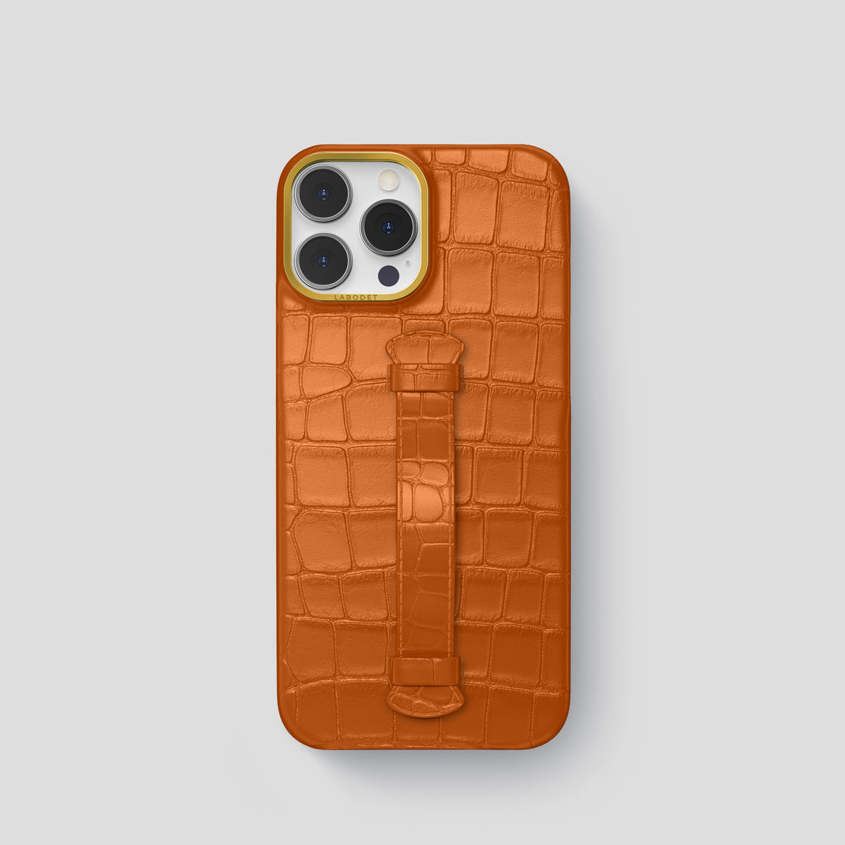 Orange iPhone 15 Pro Centre Handle Case In Alligator with Gold Metal -2 | Orange-Gold