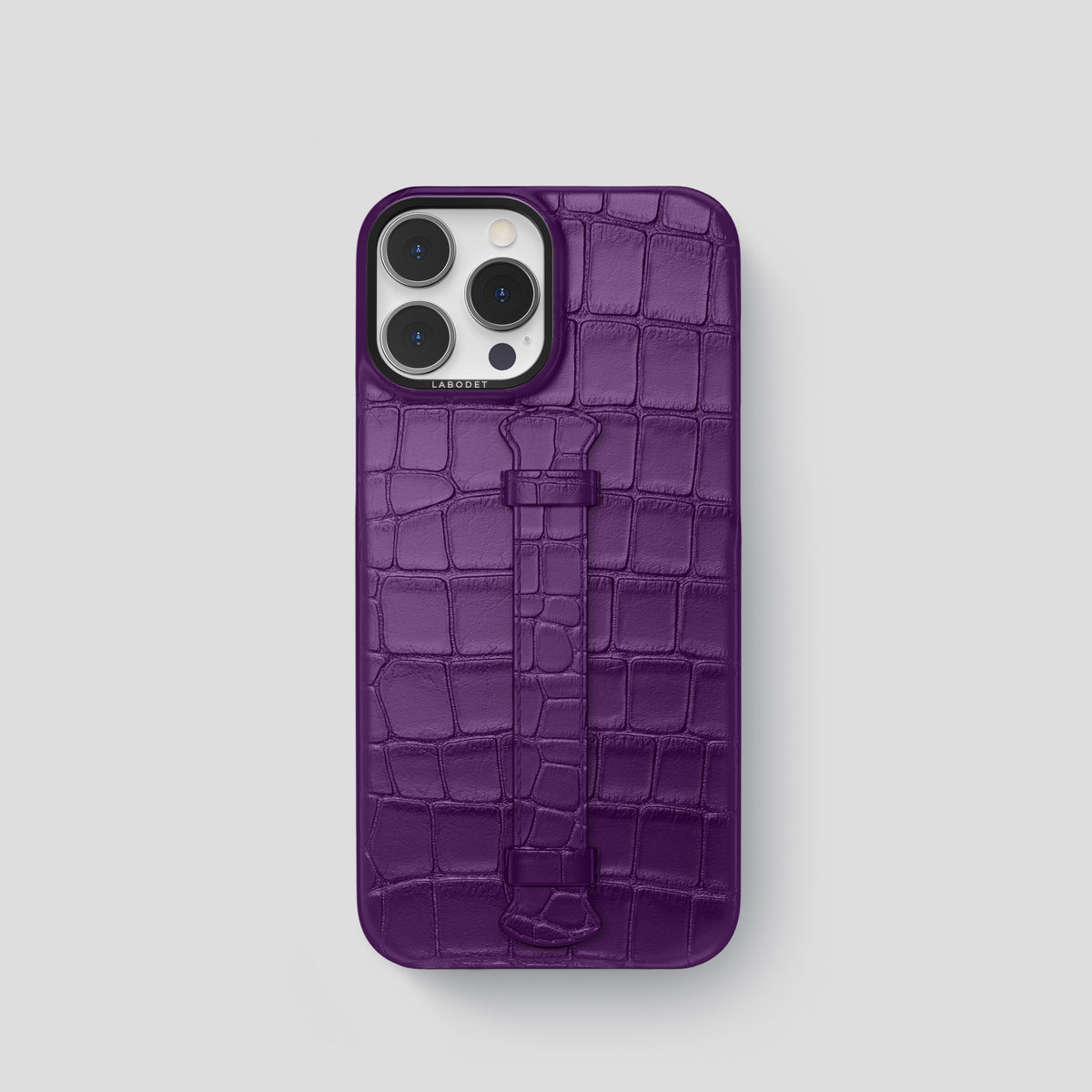 Purple iPhone 15 Pro Centre Handle Case In Alligator with Black Metal -1 | Purple-Black