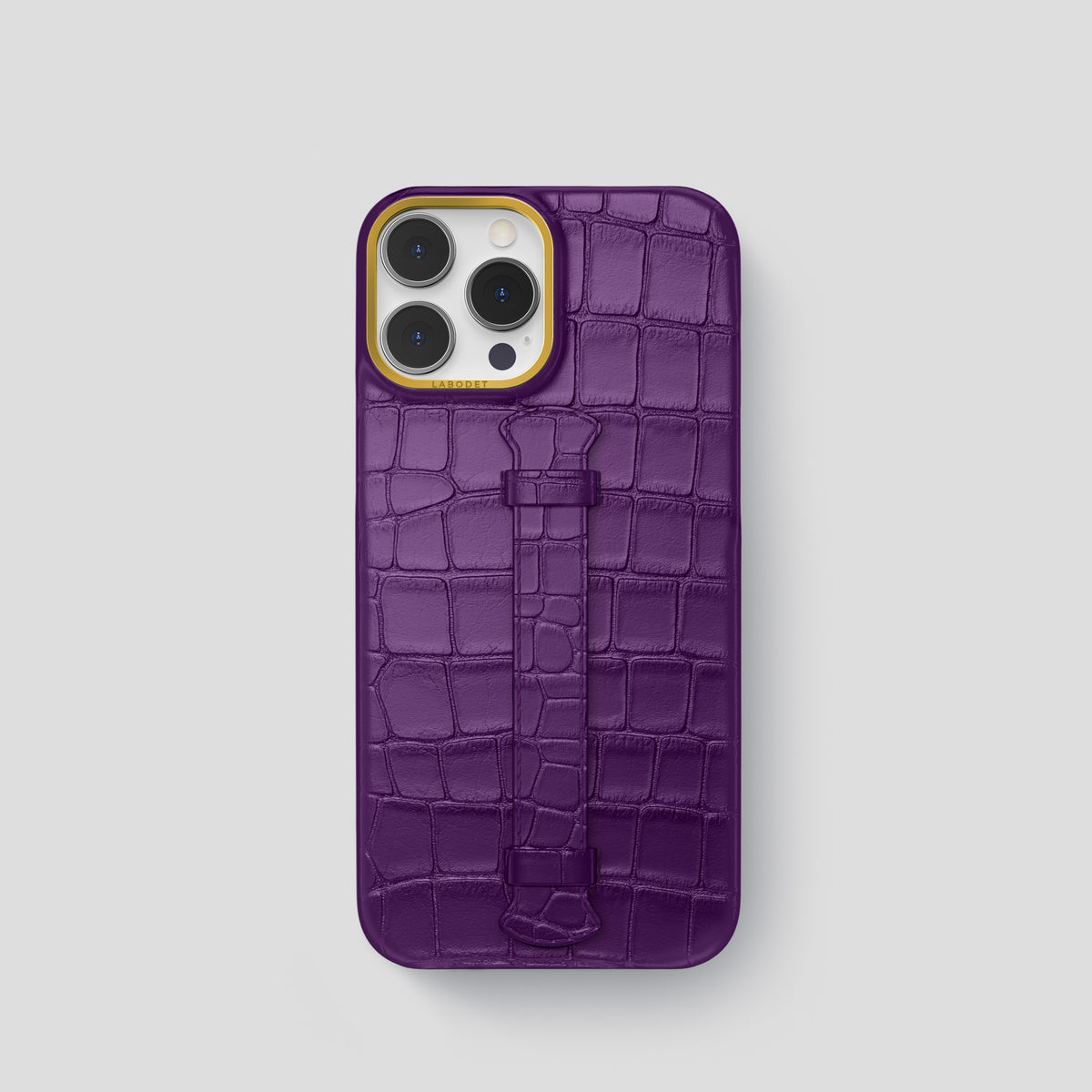 Purple iPhone 15 Pro Centre Handle Case In Alligator with Gold Metal -1 | Purple-Gold